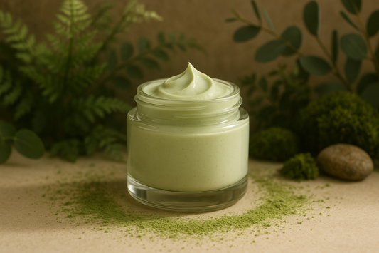 light green creme in a glass jar with natural background having plants and green powder that makes the website feel healing and natural